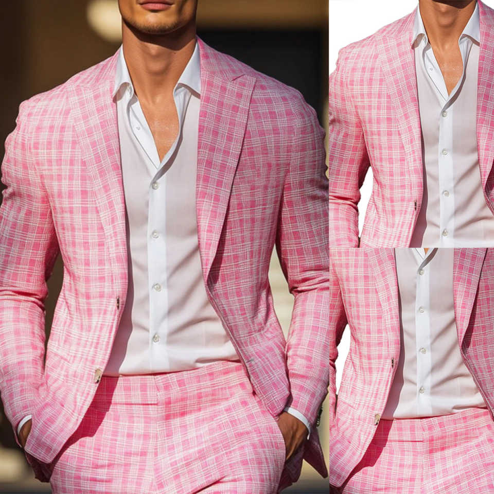 Men Formal Wear Pink - Летние розовые клетчатые мужские смокинги с